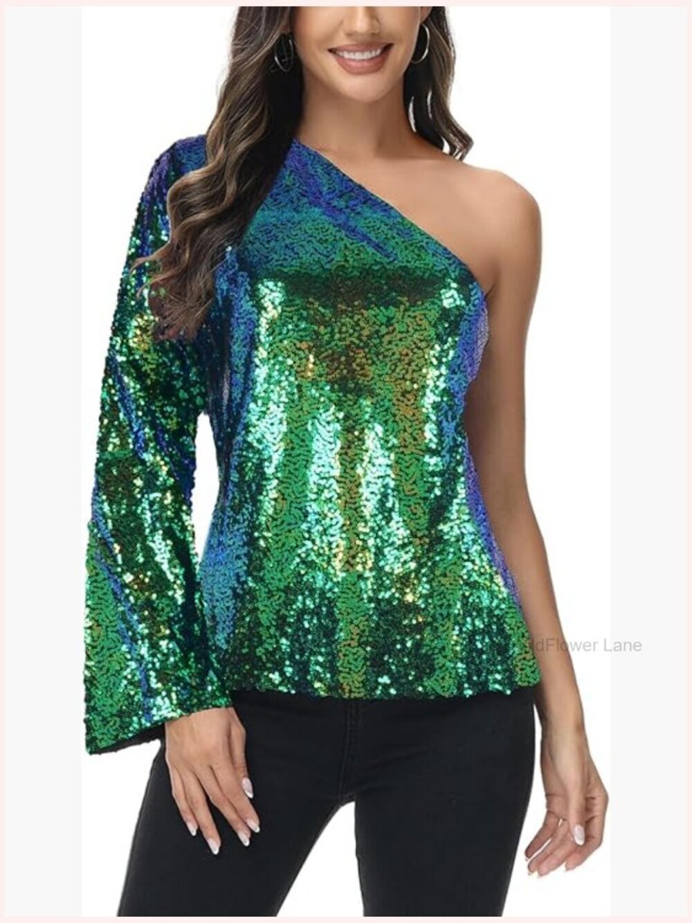 Sparkly Sequin Long Sleeve One Shoulder Party Top Blouse